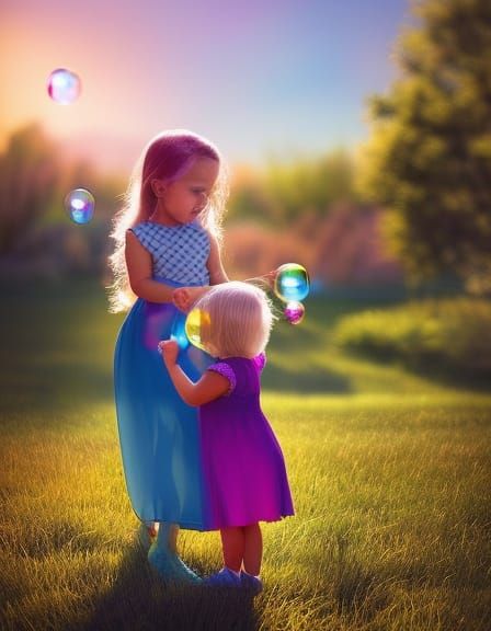 Grandmother and Toddler Blowing Bubbles at Golden Hour
