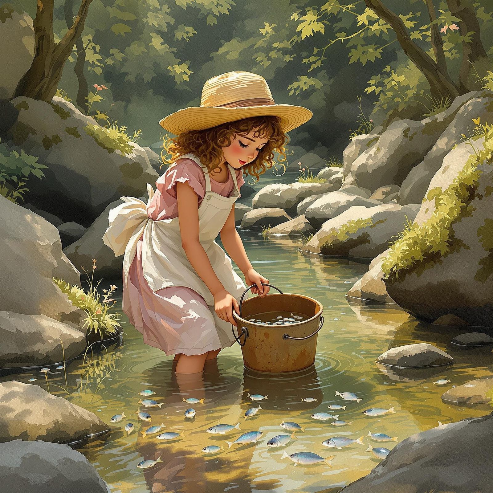 Whimsical Gouache Girl Catches Minnows in Sunlit Stream