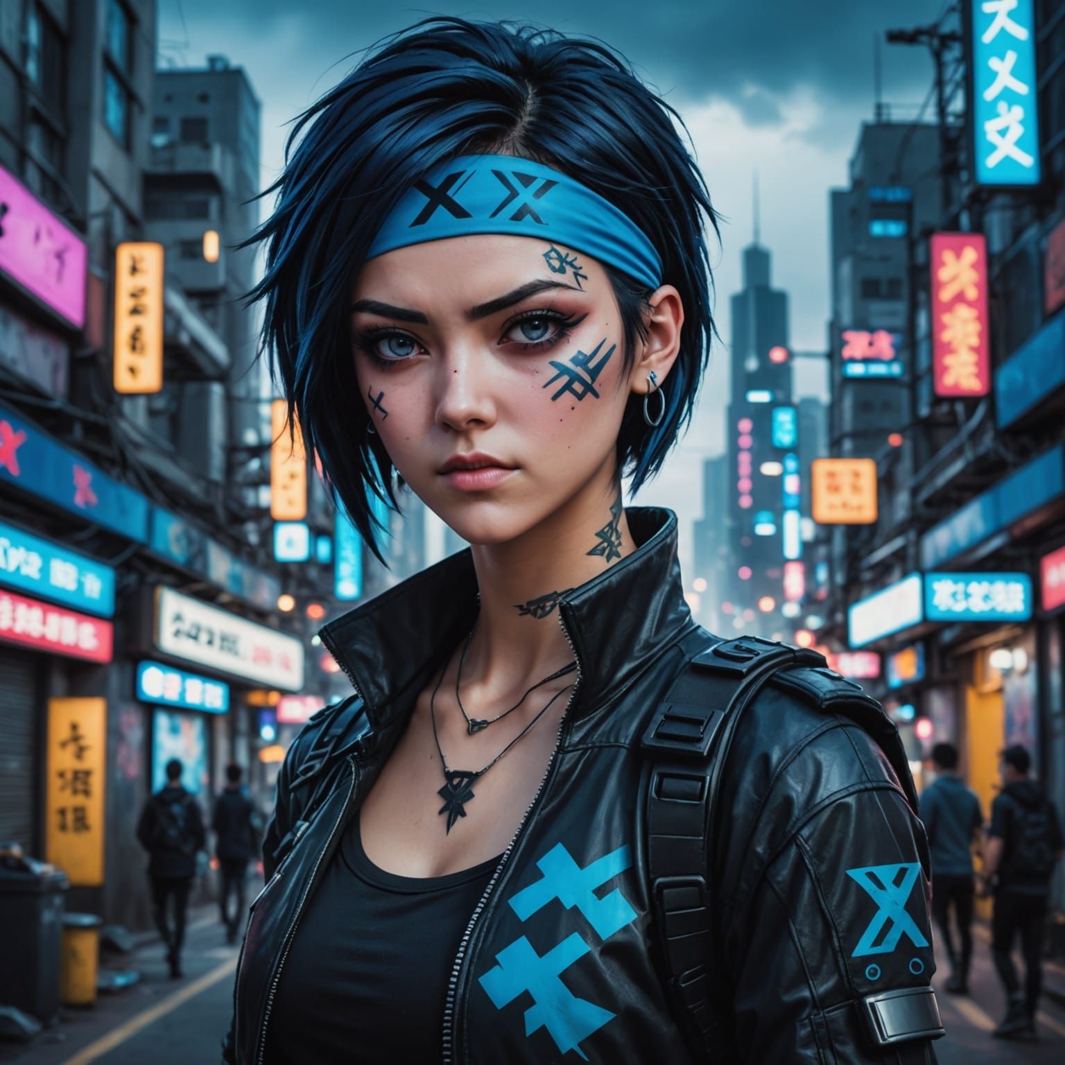Anime Punk Girl with Eye Patch in Cyberpunk City