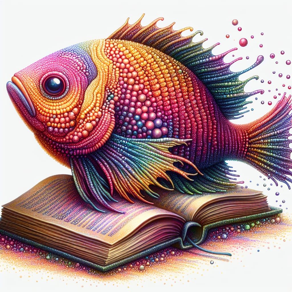 Iridescent Fish Reading: A Whimsical Ink Masterpiece