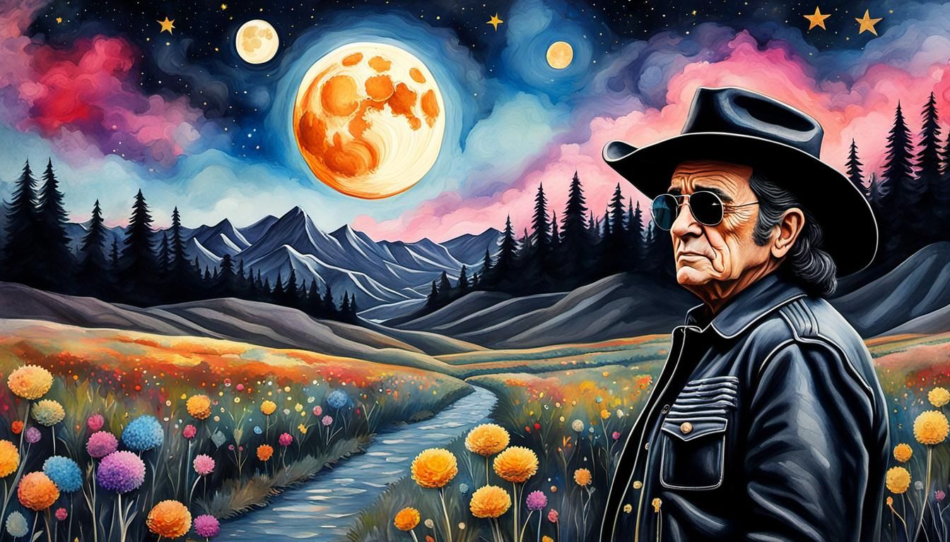 Johnny Cash in Pop Art Style with Prairie Sky