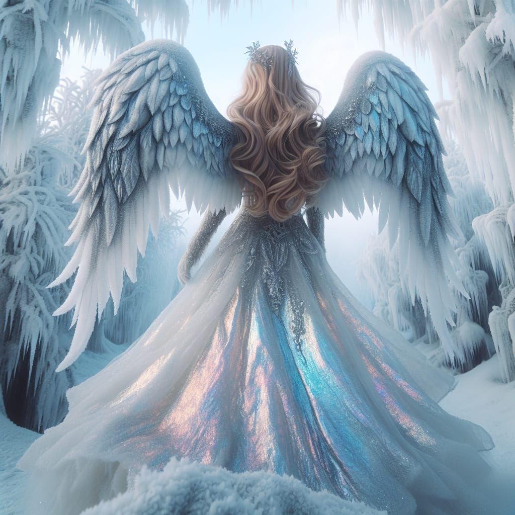 Ethereal Angel in Frozen Winter Landscape