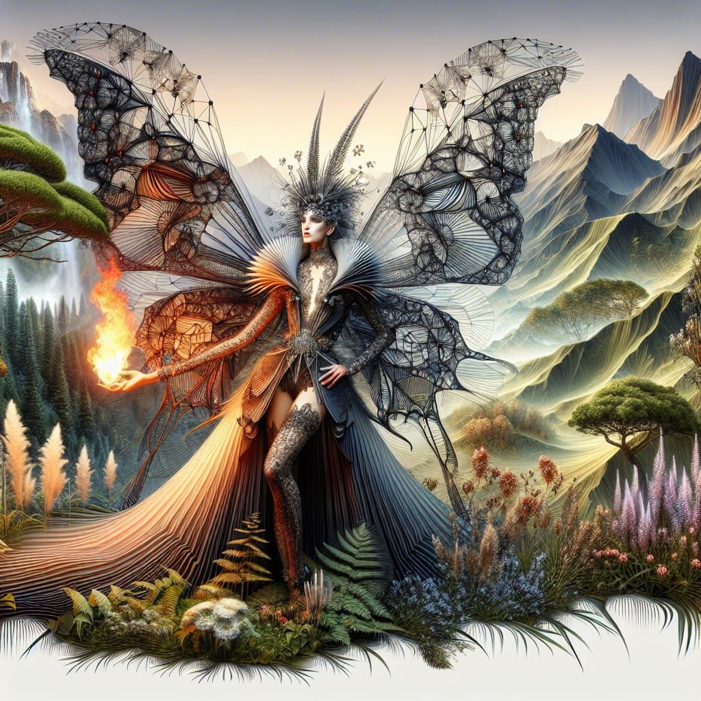 Model Blending Topography with Moth-Wing Dress