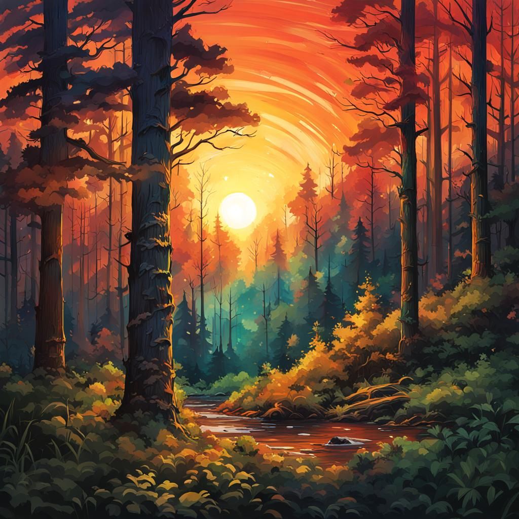 Hyperrealistic Sunset Forest Splash Art