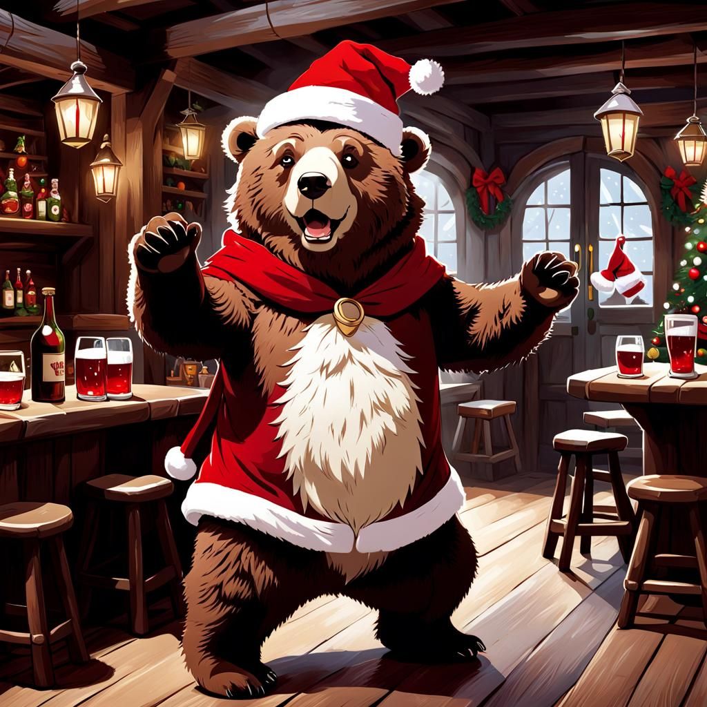 Funny Bear Druid Christmas Tavern Scene
