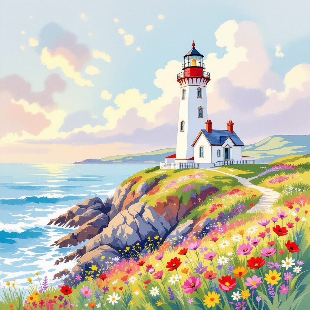 Fairytale Lighthouse on Cliff with Wildflowers in Pastel Col...