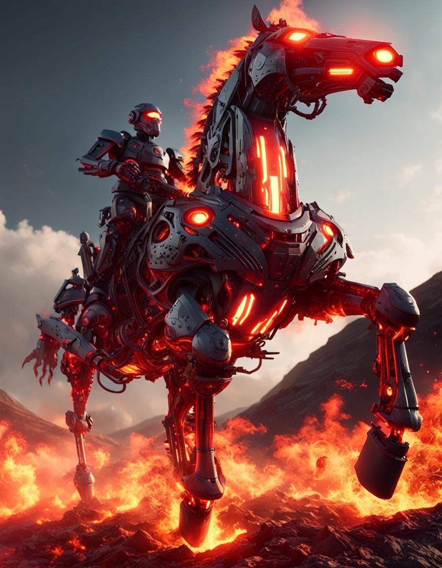 Robotic Horse and Rider on Fiery Planet