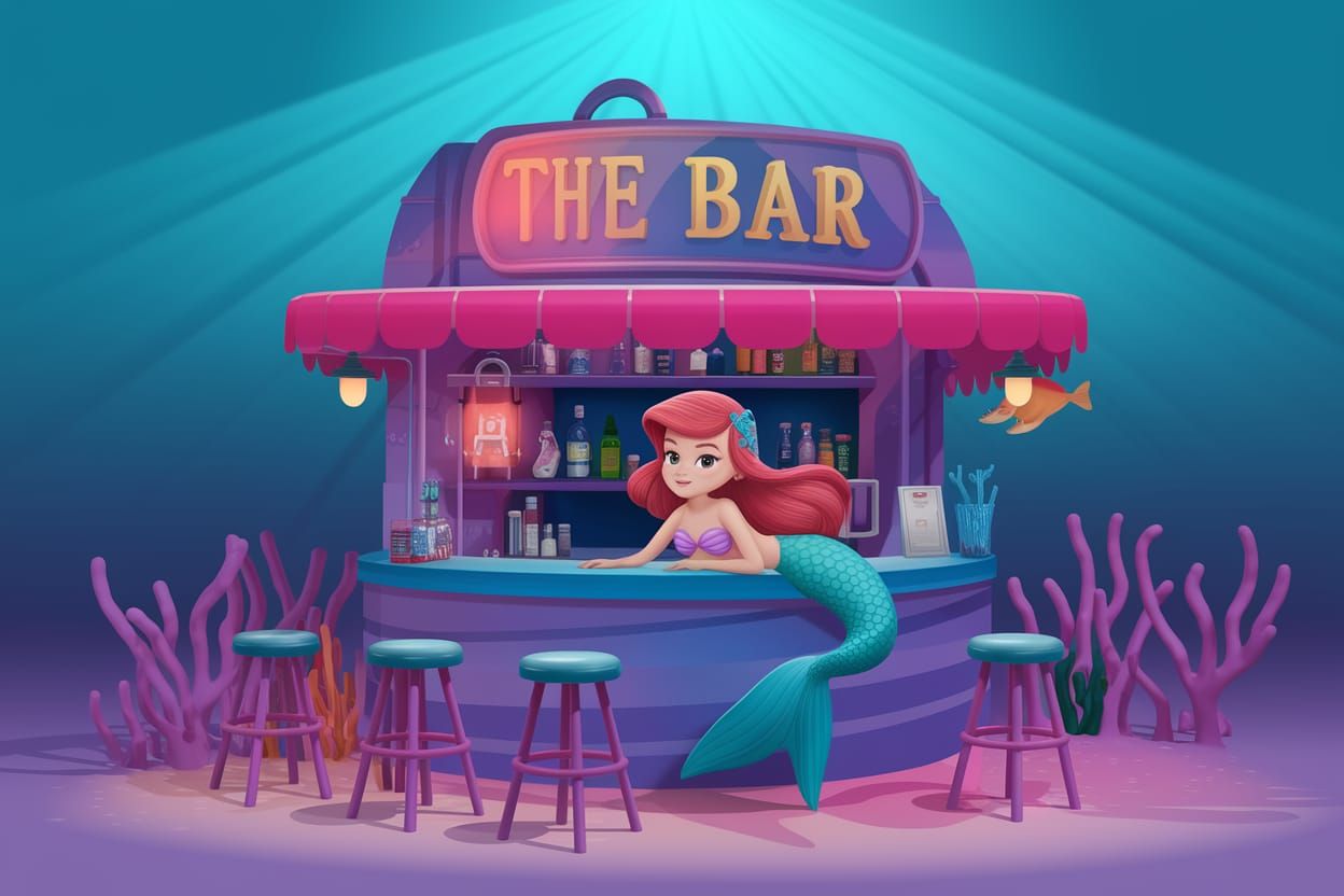 Pixar-Style Mermaid Bartender in Underwater Bar