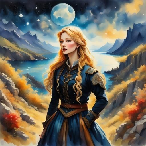 Watercolor Portrait of Norse Woman at Fjord