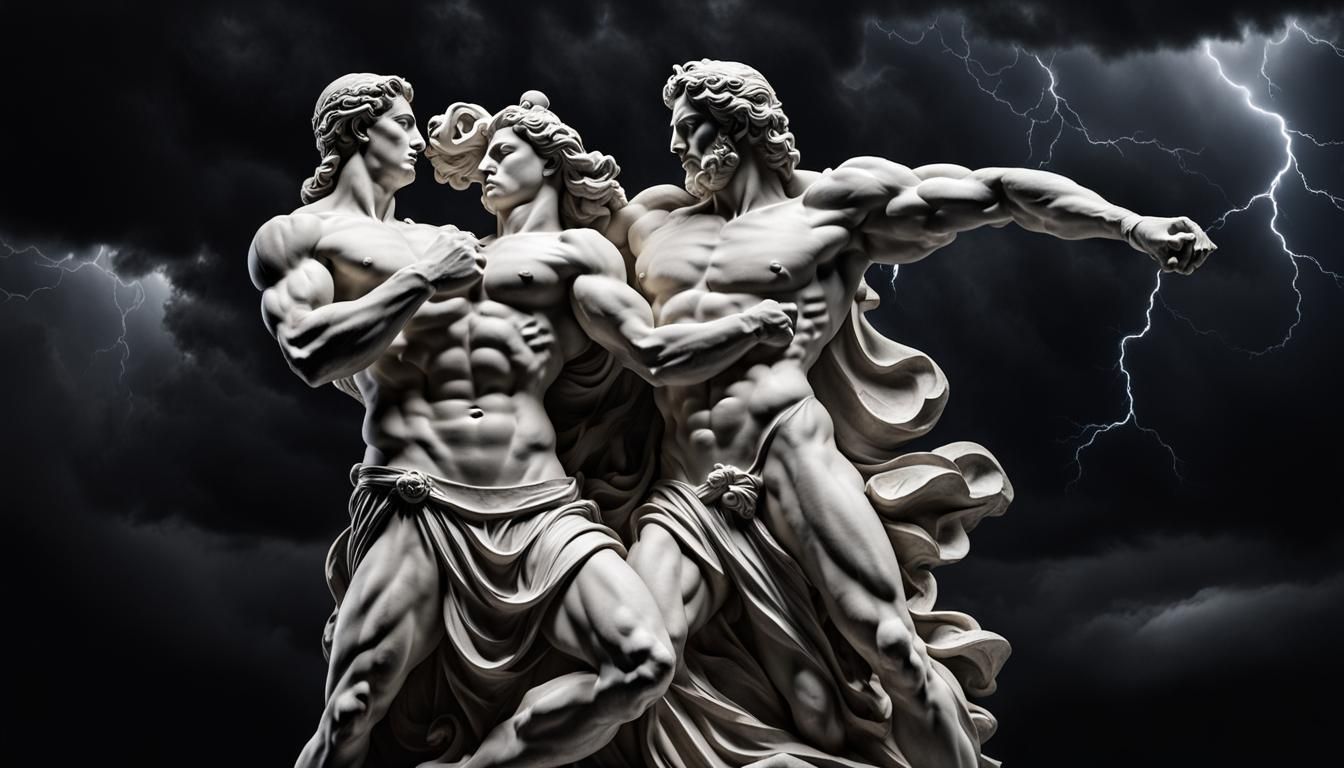 Stoic Marble Statue Brawl in Dramatic Ambiance