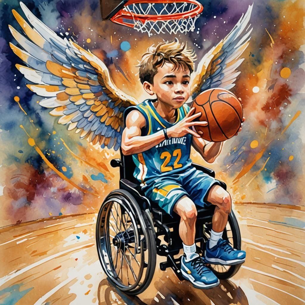 Cute chibi paralympic basketball player in a wheelchair with angel wings making a slam dunk on a basketball court, style...