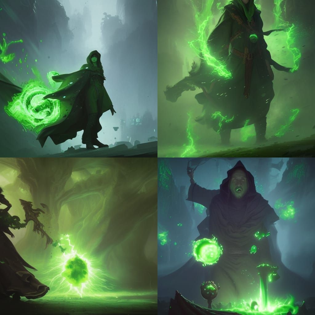 green robed mage with poison magic and a powerful green aura and green slimes oozing