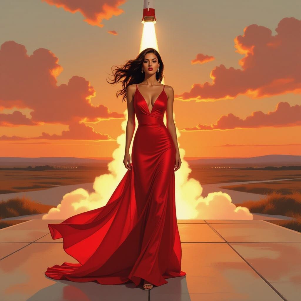 Glamorous Woman on Rocket Launchpad in Expressive Post-Impre...