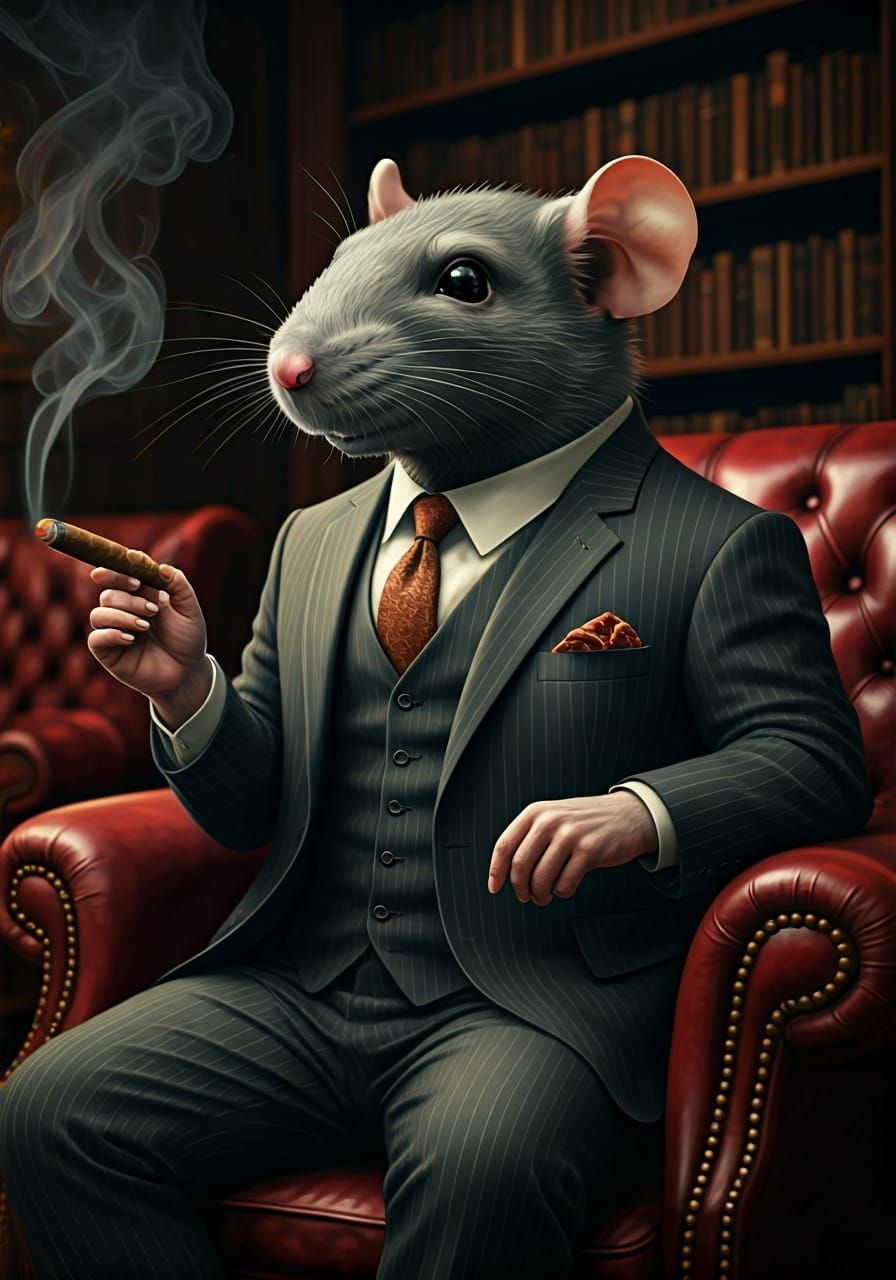 Anthropomorphic Rat Smoking Cigar in Lounge