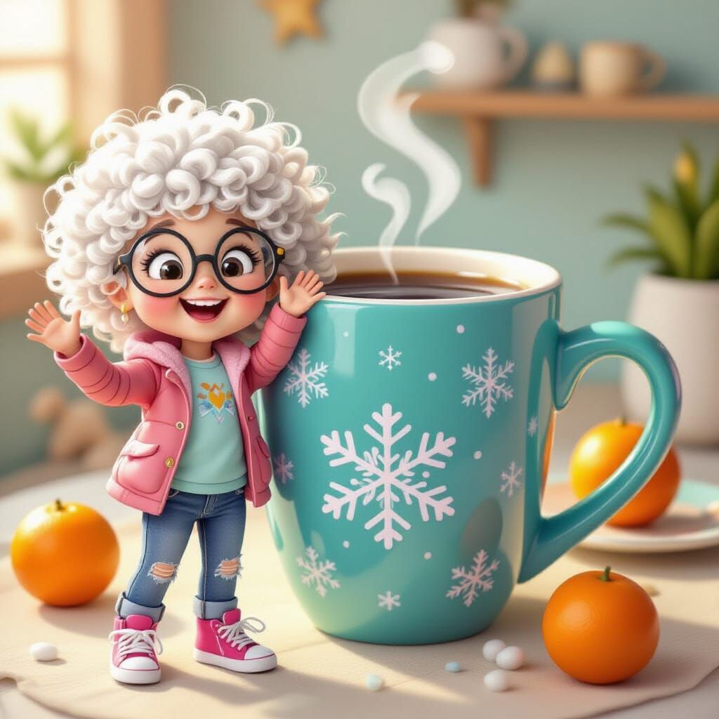 Cartoon Girl Waving by Giant Coffee Mug with Snowflakes