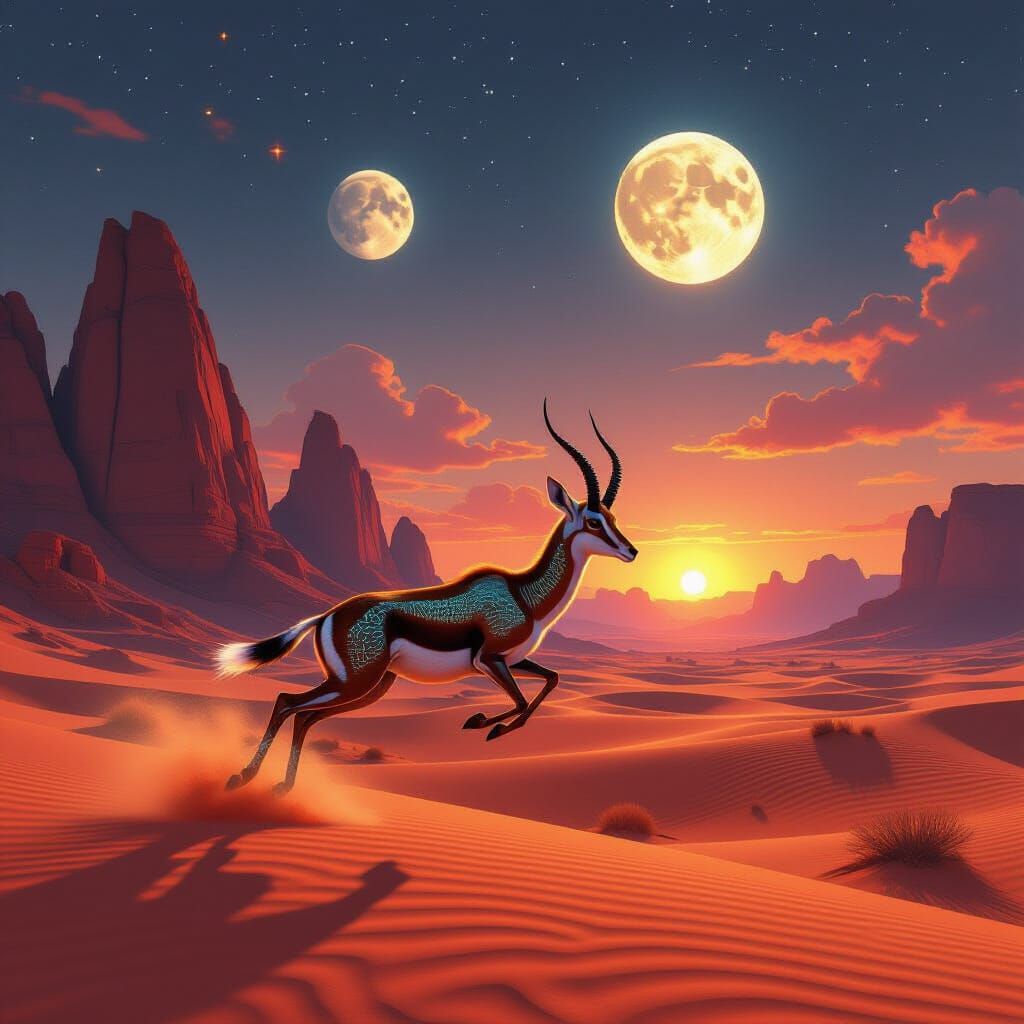 Bio-luminescent Gazelle Leaps Across Futuristic Desert Under...