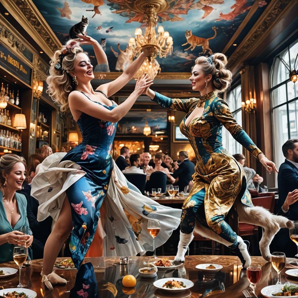 Maximalist Double Exposure: Dancing Ladies and Cats