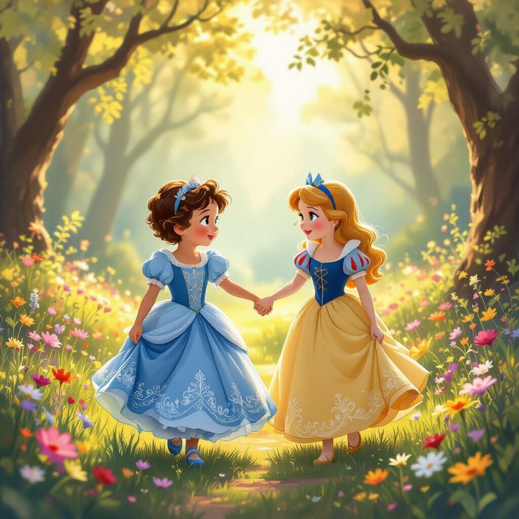 Joyful Boy with Disney Princesses in Enchanted Forest