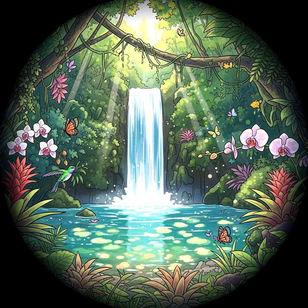 Hidden Waterfall in Tropical Rainforest: Watercolor Illustra...