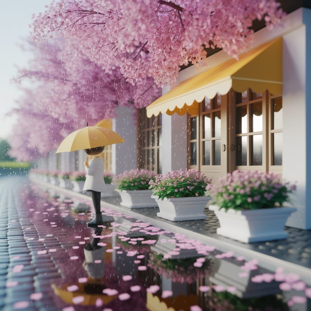 Surreal Spring Scene with Anime-Inspired Details and Soft Ra...