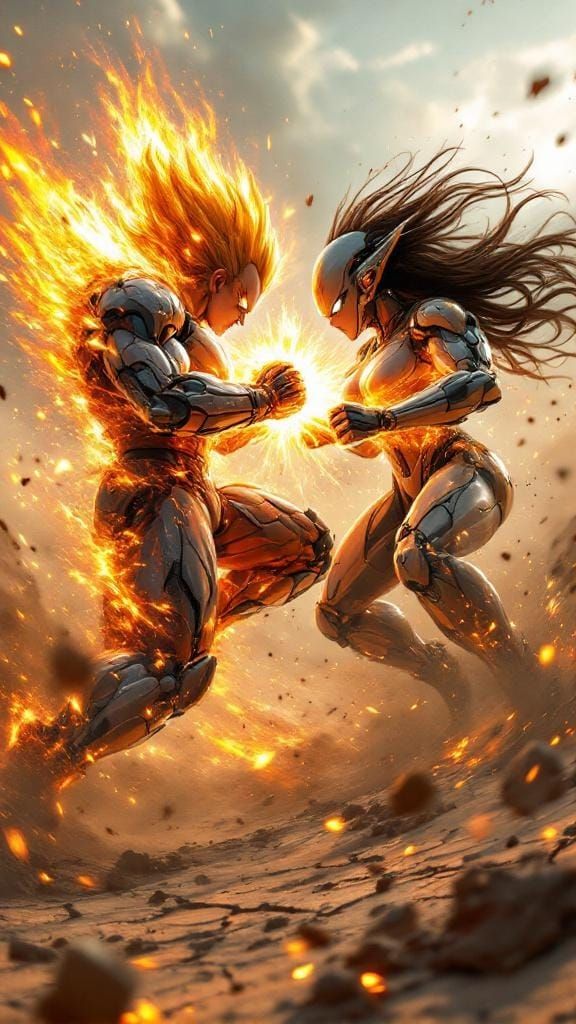 Super Saiyan Woman Battles Robot in Desert