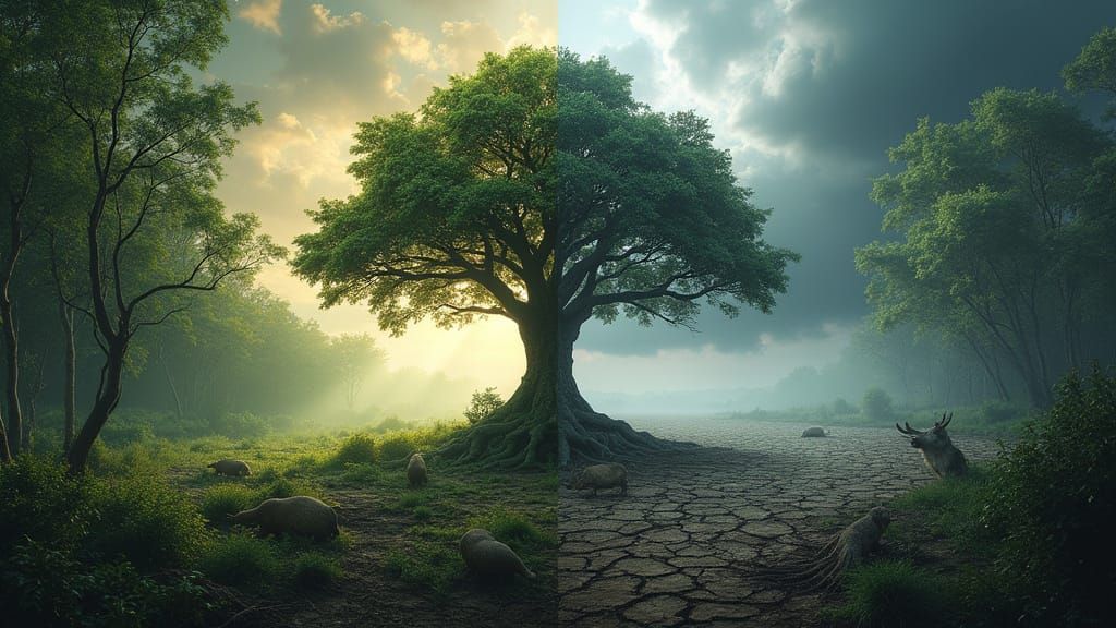 Lush Forest Versus Barren Wasteland in Maximalist Style