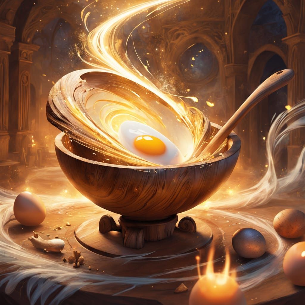 An enchanted wooden ladle stirs a raw egg inside a bowl, swi...