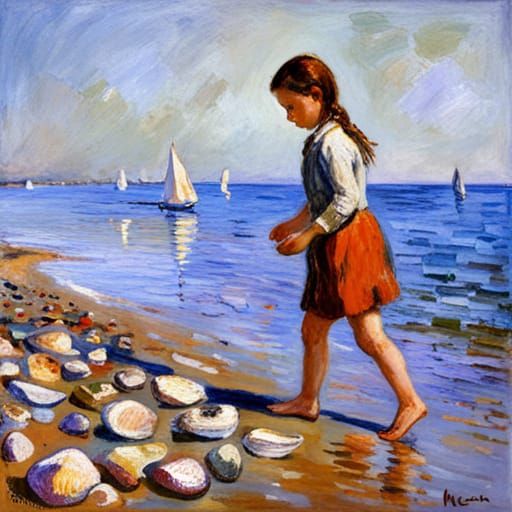 Girl Collecting Shells on Beach in Impressionist Style