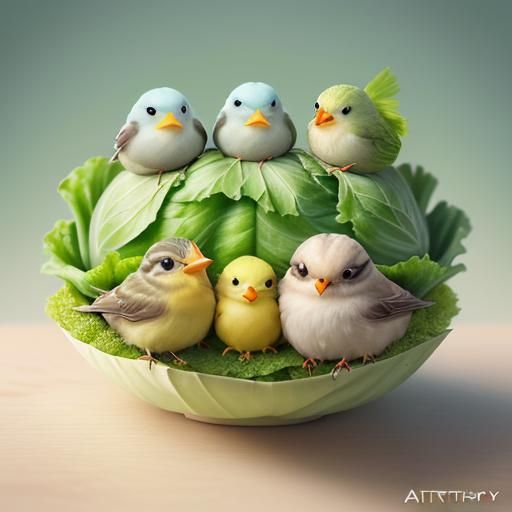 Yellow Birds on Anthropomorphic Cabbage: Chibi Food Art