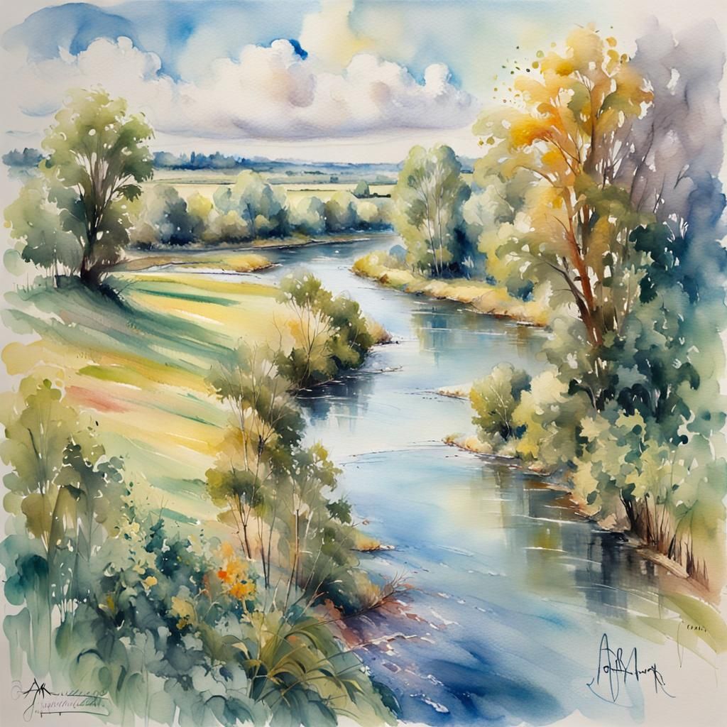 Fantasy River Aerial View in Watercolor Style