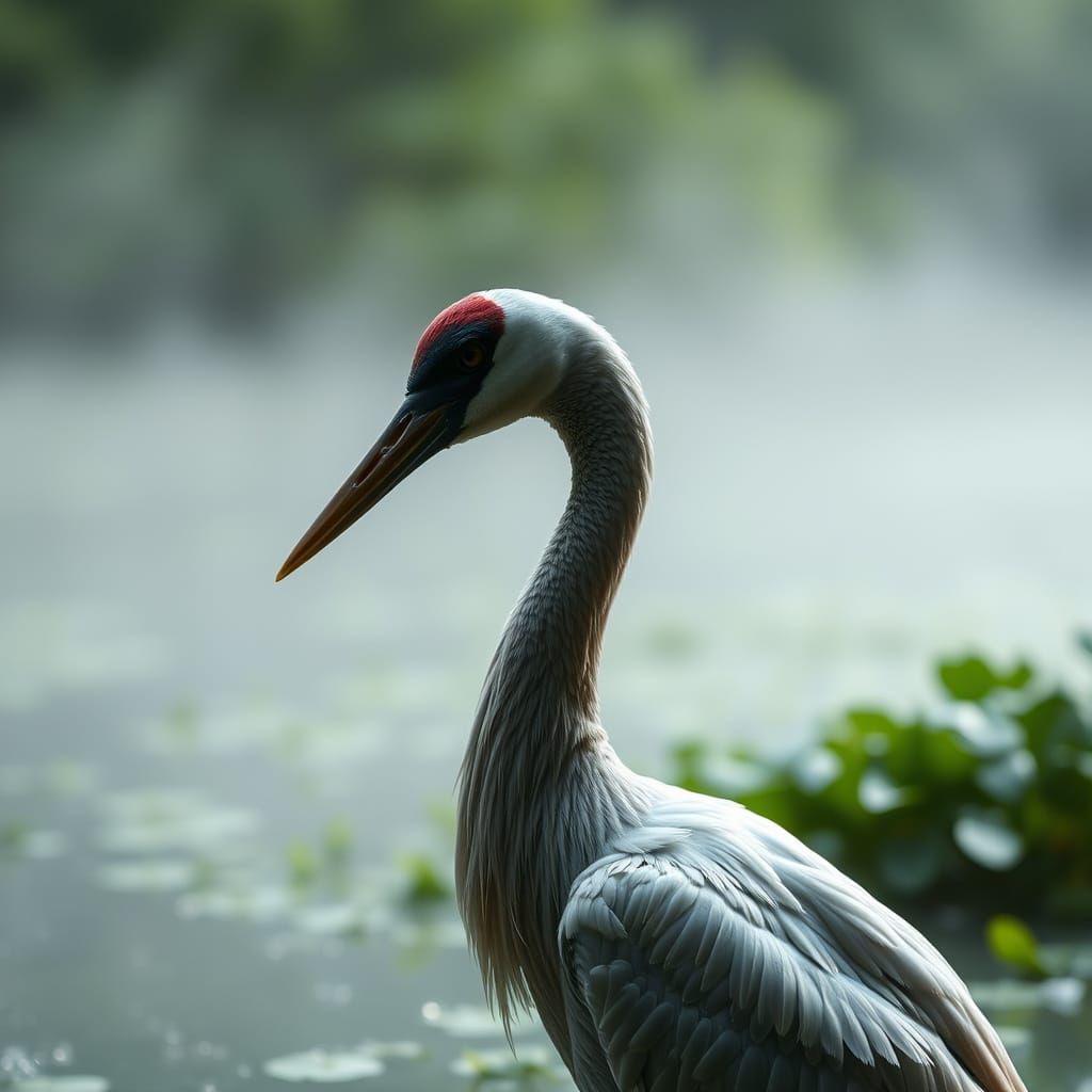 Crane in Misty Pond: Hyperrealistic Cinematic Image