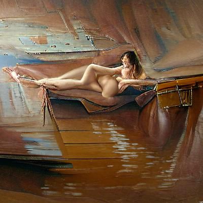 Nude Female Posing on Boat, Oil Painting