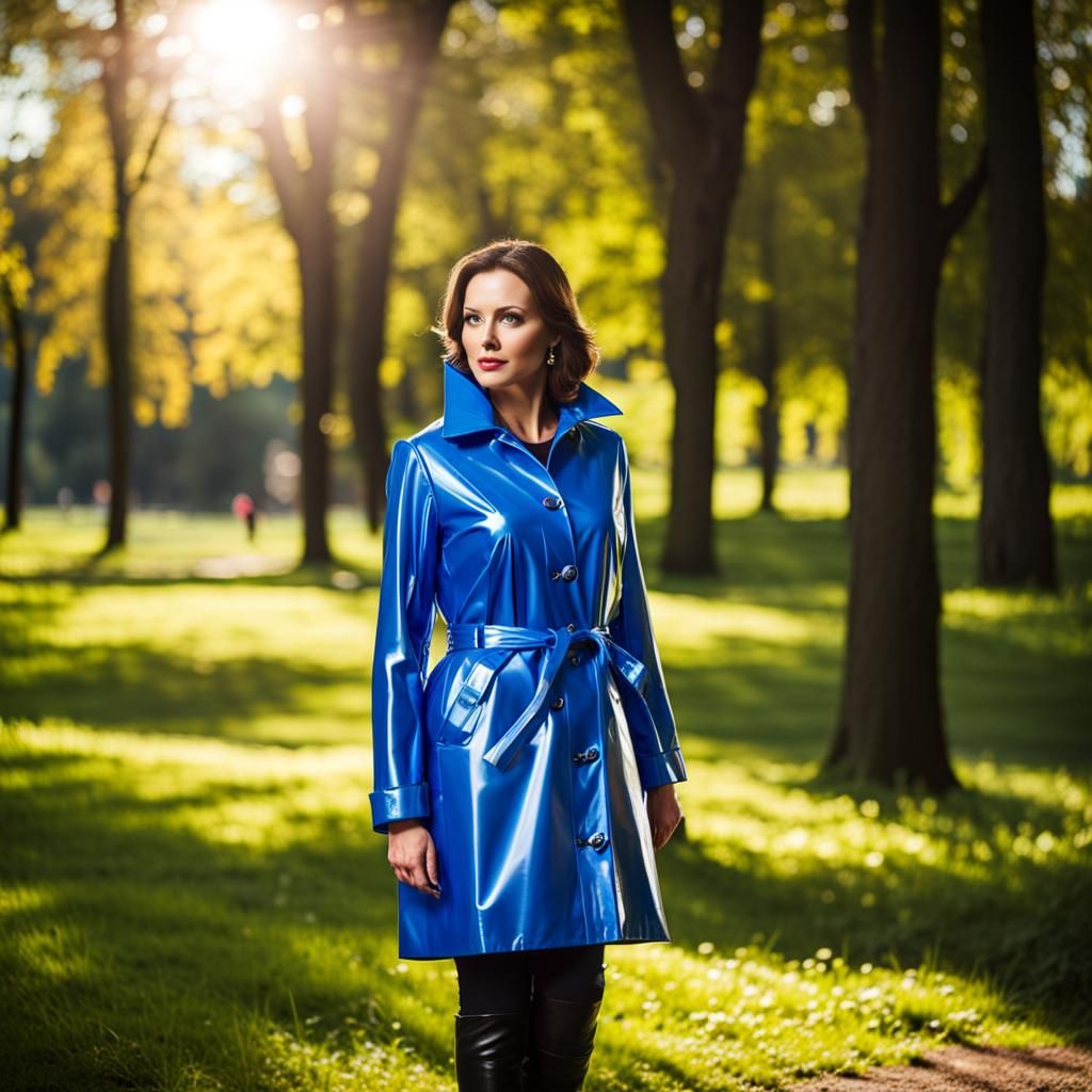 Woman in Blue PVC Raincoat, Sunny Park Photo