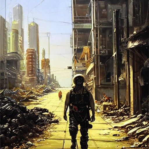 Post-Apocalyptic City Hazmat Walker, Oil Painting Style