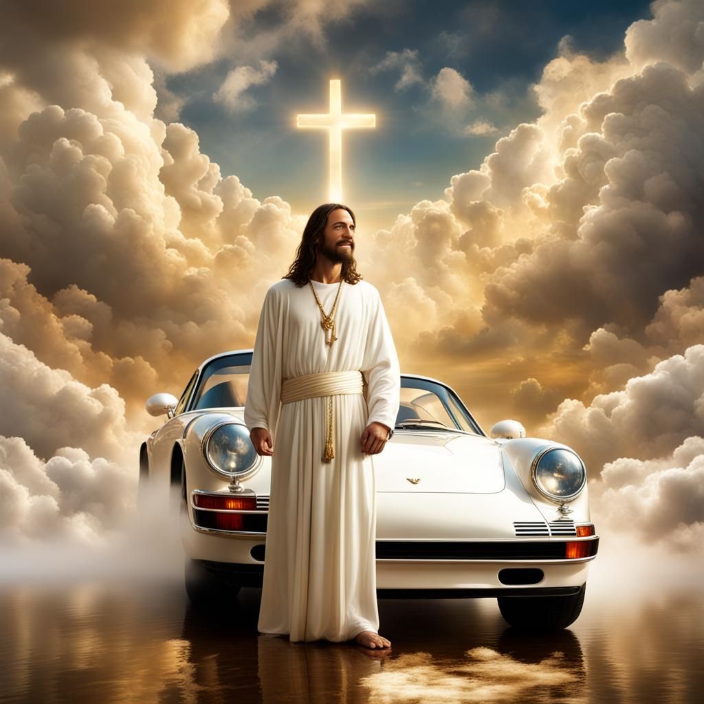 Jesus and Golden Porsche in Heaven