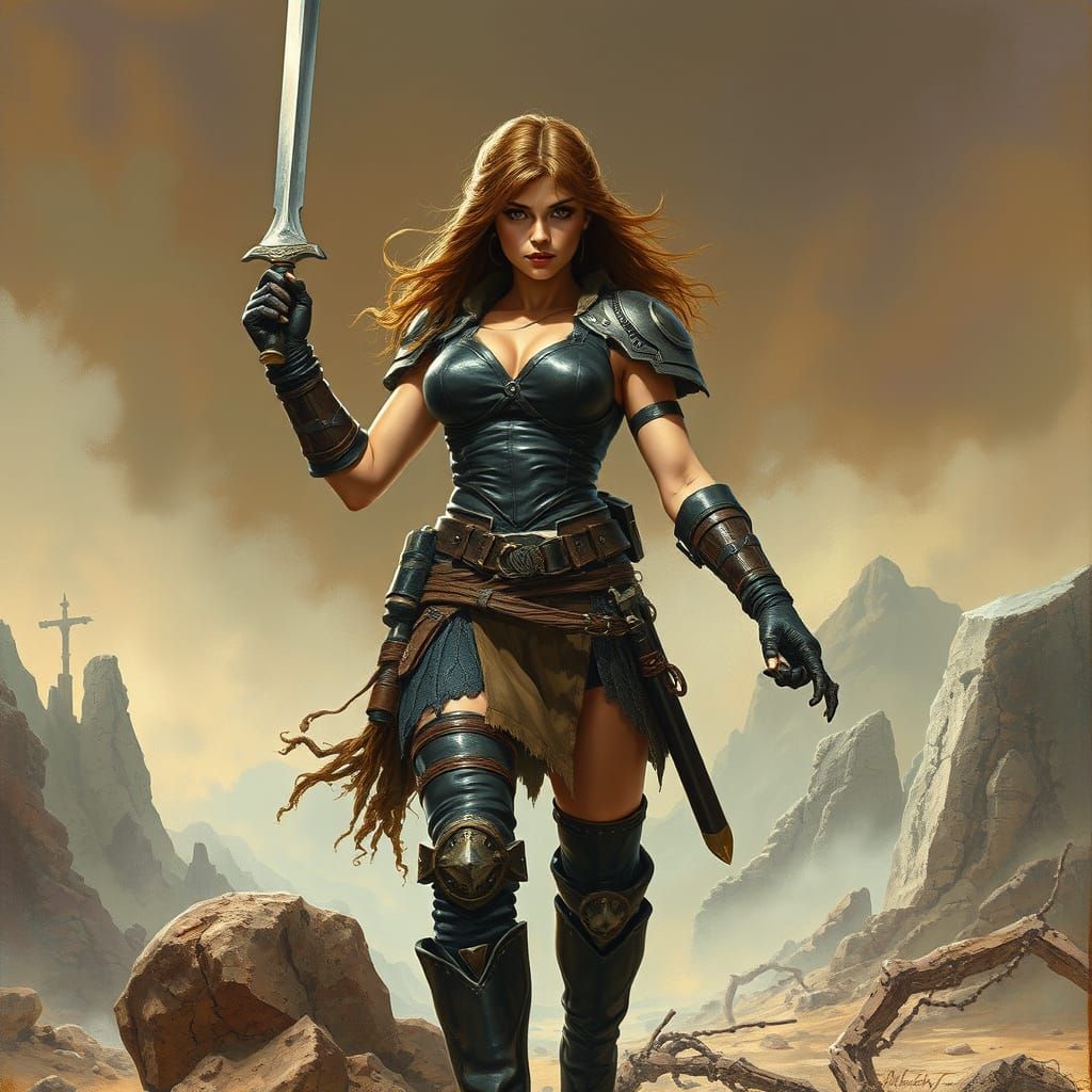 Triumphant Armored Warrior in Mystical Landscape