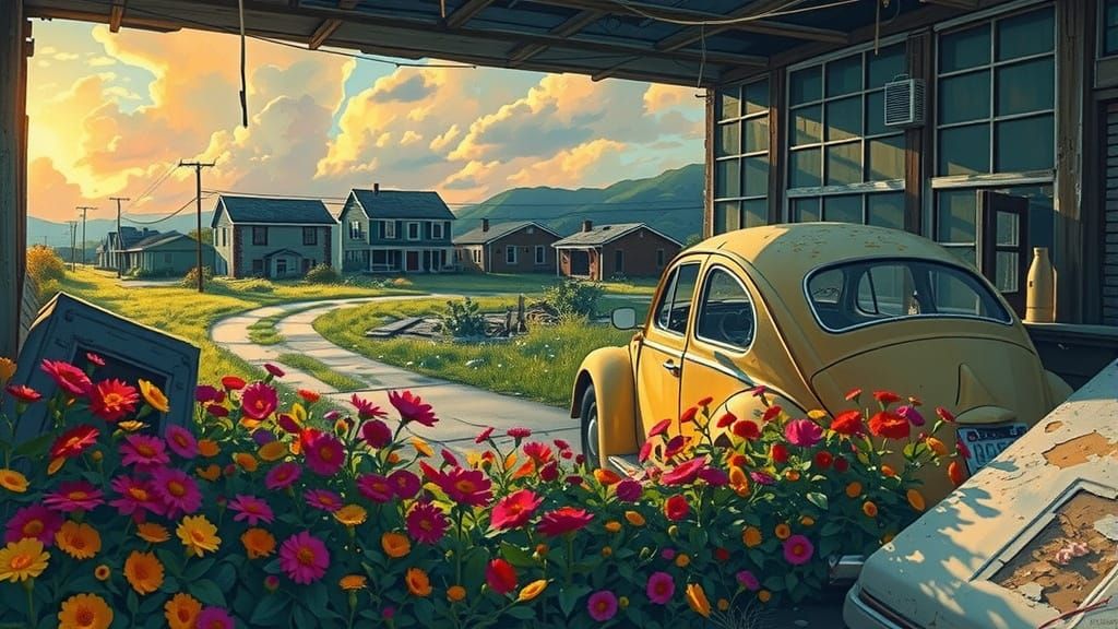 Abandoned Neighborhood with VW Beetle in Comic Style
