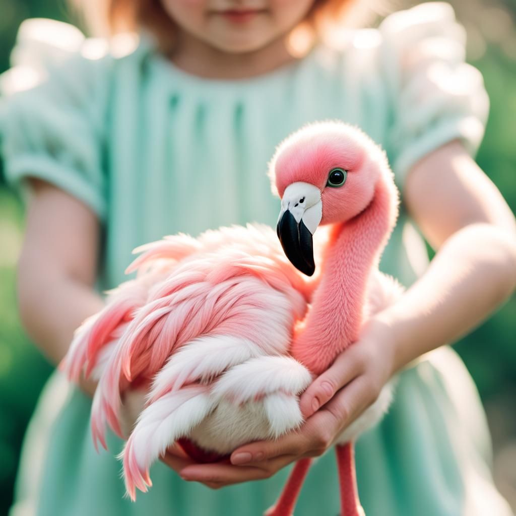 Little Girl Holding a Flamingo Plush Toy