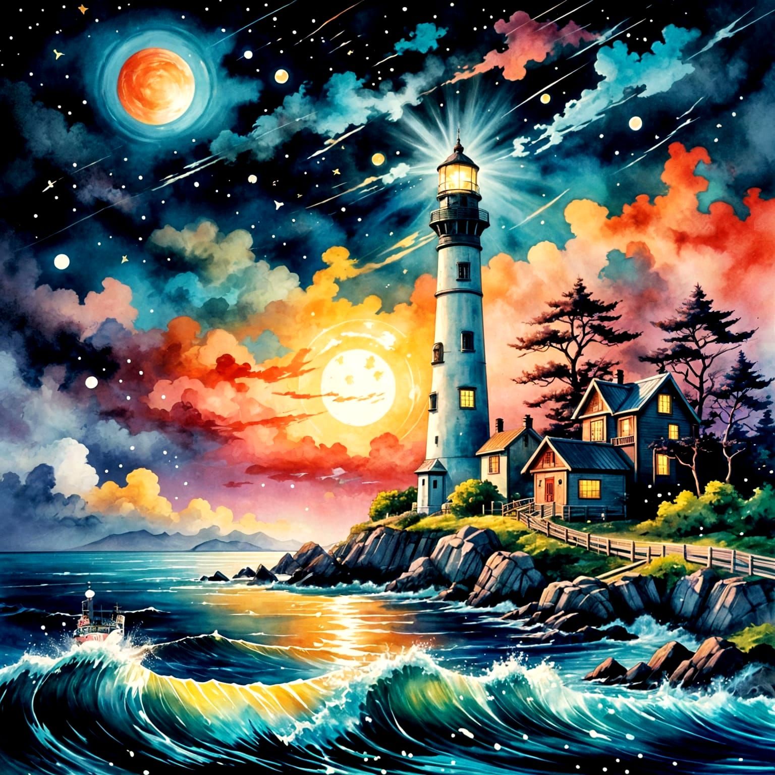 Majestic Lighthouse in Vibrant Clouds, Inspired by Hokusai