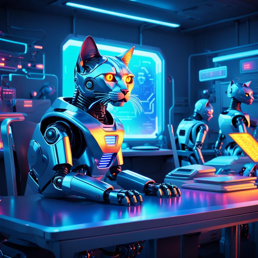 Robot Cat Converses with Humans in Futuristic Laboratory
