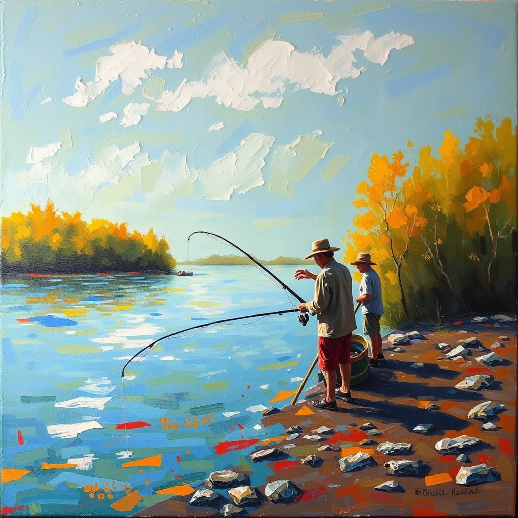 Neo-Expressionist Oil Painting of People Fishing in a Vibran...