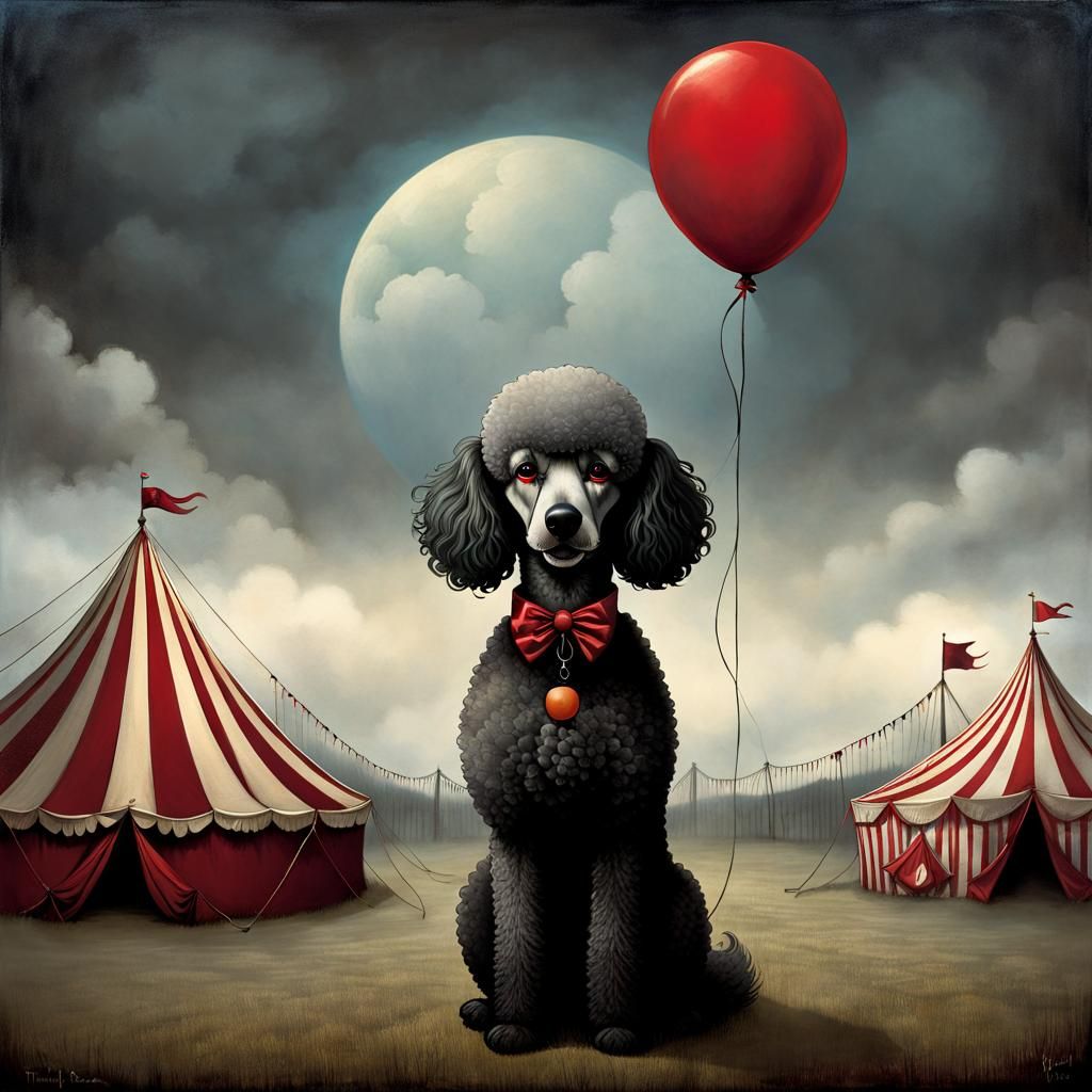 Sad Poodle Clown with Balloon in Burtonesque Style