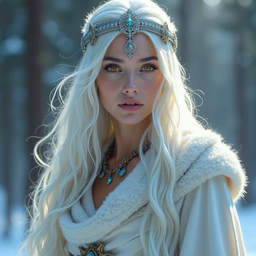 Regal White-Haired Woman as Lady of Winter