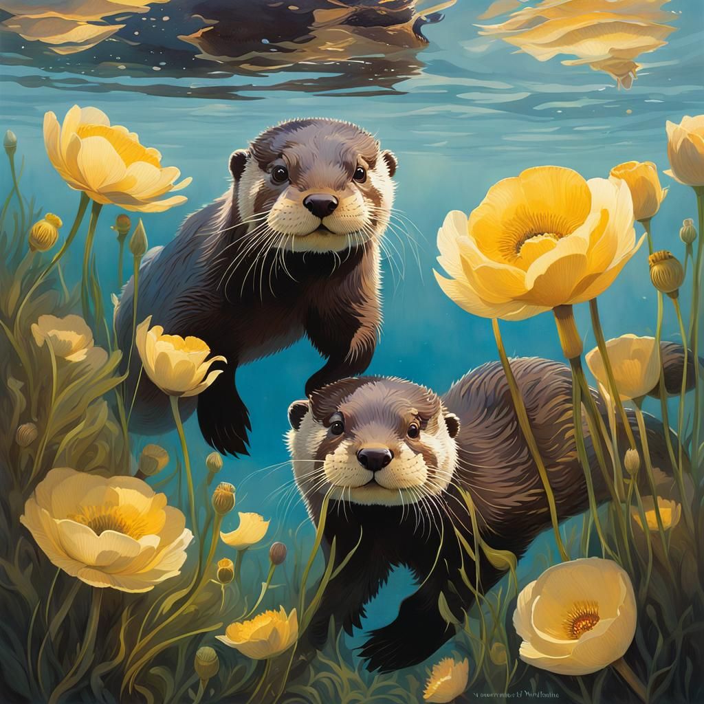 Playful Otter Cubs in Luminous Underwater Scene