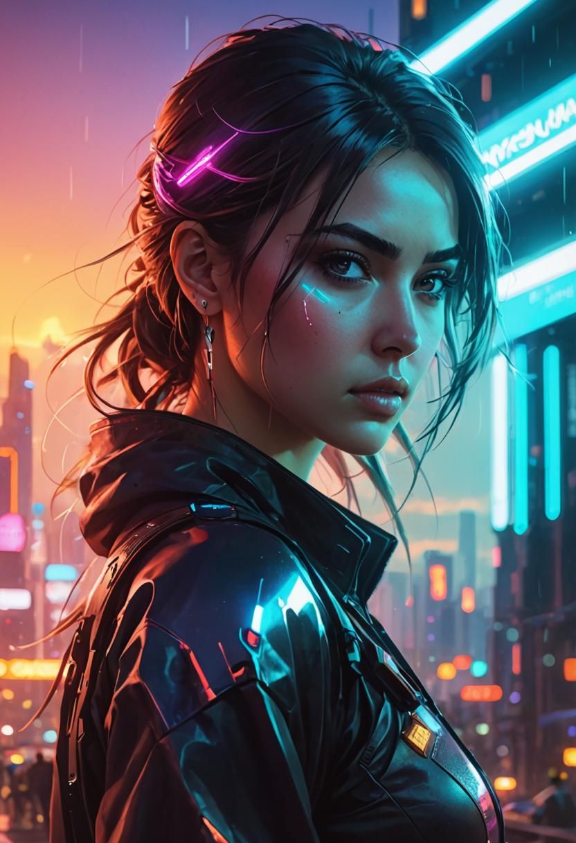 Cyberpunk Portrait with Neon Lights and Cityscape