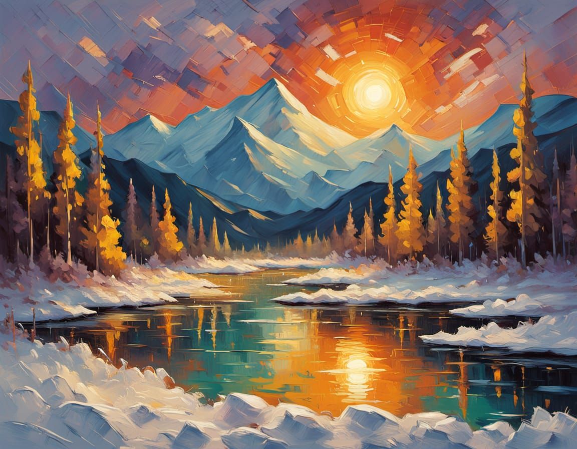 Impressionist Winter Masterpiece with Aurora Borealis