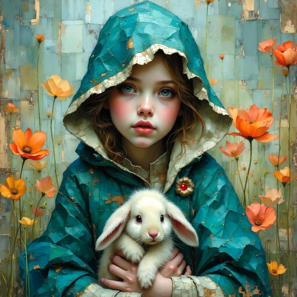 Girl in Cloak with Bunny, Impasto Oil Painting