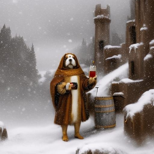Saint Bernard in Snowy Mountain Landscape, Digital Art