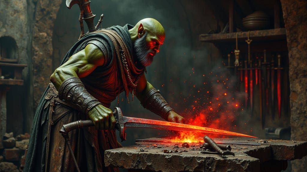 Orc Blacksmith Forging Obsidian Sword in Rustic Workshop