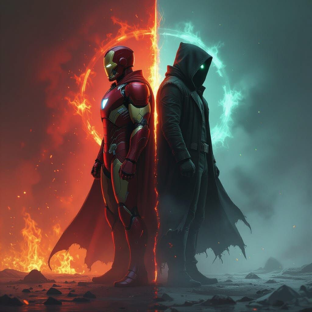 Superhero and Villain Back-to-Back in Digital Illustration